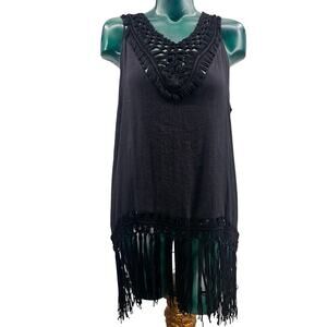 NEW Vivid Black Sleeveless Boho Fringe Tunic Cover Up Dress Top Size 1X 3376